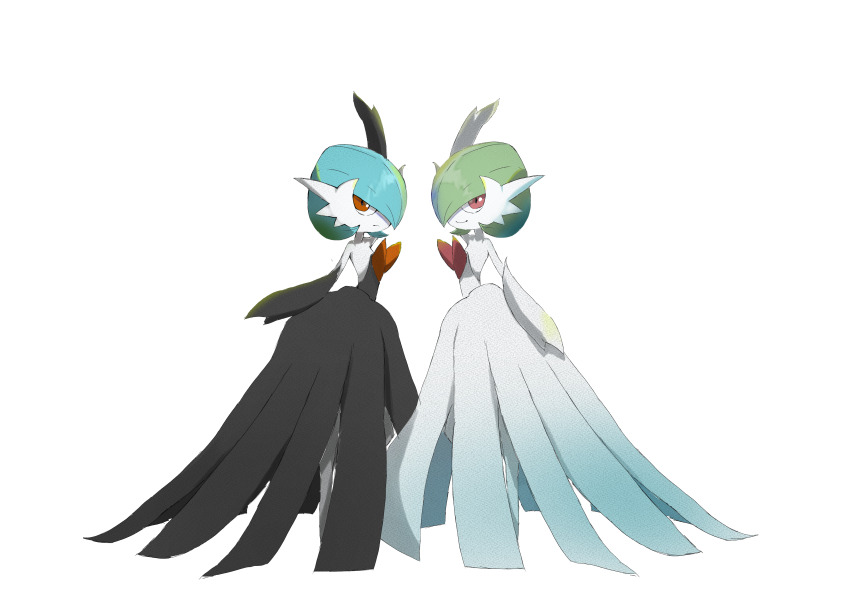 2girls absurdres alternate_color arm_up bare_shoulders black_dress black_gloves blue_hair bob_cut closed_mouth colored_skin dress elbow_gloves female_focus flat_chest from_side full_body gardevoir gen_3_pokemon gloves green_hair hair_over_one_eye happy highres long_dress looking_at_viewer mega_gardevoir mega_pokemon multiple_girls nintendo one_eye_covered pokemon pokemon_(creature) red_eyes rukinoa shiny_and_normal shiny_pokemon short_hair sideways_mouth simple_background smile standing strapless strapless_dress symmetry white_background white_dress white_gloves white_skin