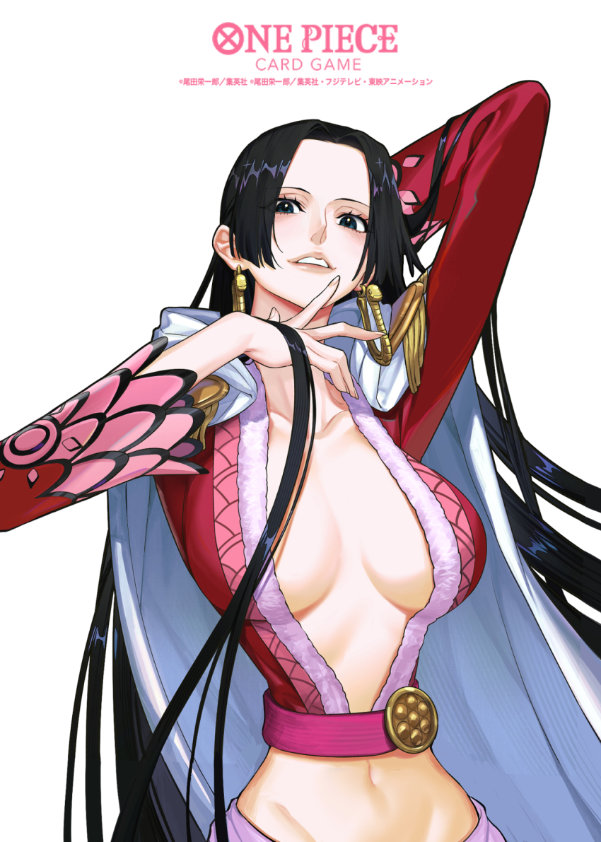 1girl black_hair blue_eyes boa_hancock cape commentary_request copyright_name earrings eyelashes highres hood hooded_cape jewelry long_hair long_sleeves looking_at_viewer navel official_art one_piece one_piece_card_game parted_lips plunging_neckline sidelocks simple_background snake_earrings solo sunohara_(encount) upper_body white_background white_cape