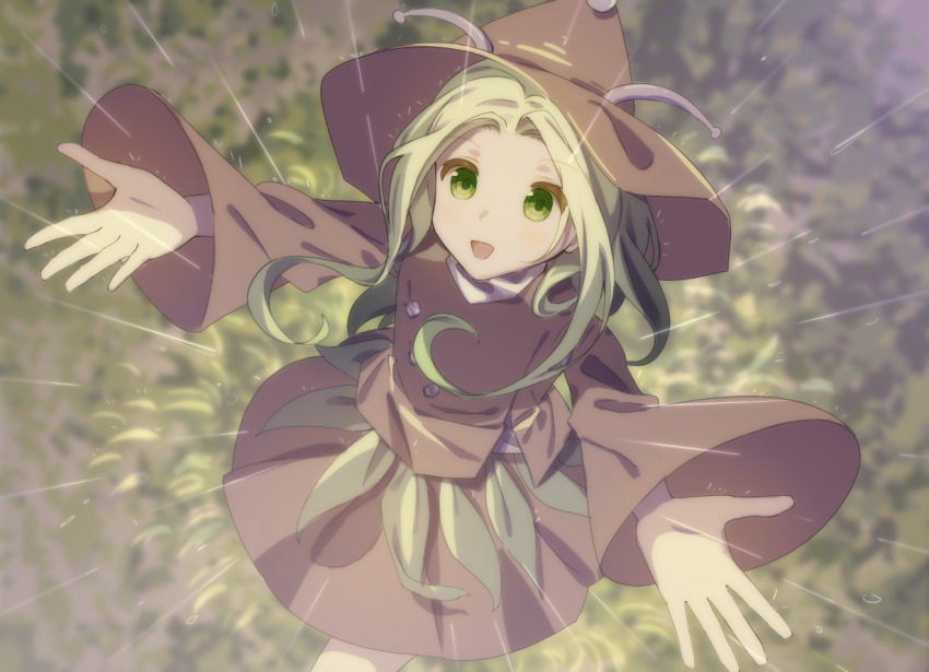 1other amanomori_shou androgynous antennae brown_coat brown_hat brown_skirt buttons chinese_commentary coat commentary_request grass green_eyes green_hair hakama hakama_short_skirt hakama_skirt hat japanese_clothes jian_xing_zao leaf len&#039;en long_hair long_sleeves open_mouth other_focus outstretched_arms pointy_hair rain shirt sidelocks skirt smile solo turtleneck white_shirt wide_sleeves