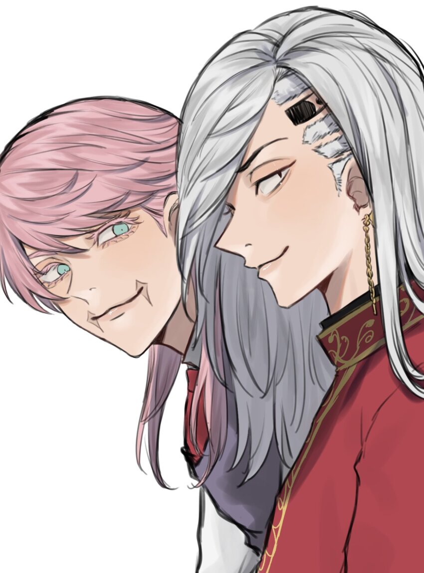2boys black_eyes blue_eyes chain chain_earrings earrings formal_clothes highres jewelry kanten_100 kokonoi_hajime light_smile long_hair looking_at_viewer male_focus multiple_boys peeking_out pink_hair portrait red_shirt sanzu_haruchiyo scar scar_on_face shirt single_earring slit_pupils suit tokyo_revengers white_hair wolf_cut