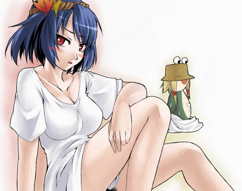 2girls asashin_(kazami-tomo) bad_id bad_pixiv_id blonde_hair blush bottomless breasts cleavage female_focus hat headband large_breasts leaf moriya_suwako moriya_suwako_(frog) multiple_girls naked_shirt purple_hair pyonta red_eyes rope shimenawa shirt short_hair sitting t-shirt touhou yasaka_kanako