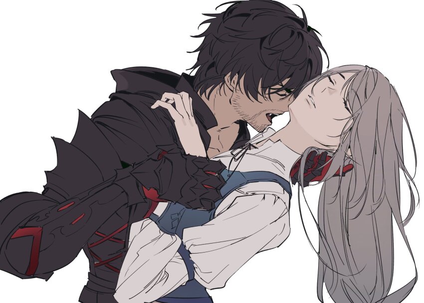 1boy 1girl armor armored_gloves biting black_armor black_hair clive_rosfield closed_eyes couple facial_hair final_fantasy final_fantasy_xvi grey_hair hetero highres holding_another&#039;s_hair holding_hands imminent_bite jill_warrick long_hair neck_biting open_mouth parted_lips puffy_sleeves short_hair simple_background tk_(tksnim)