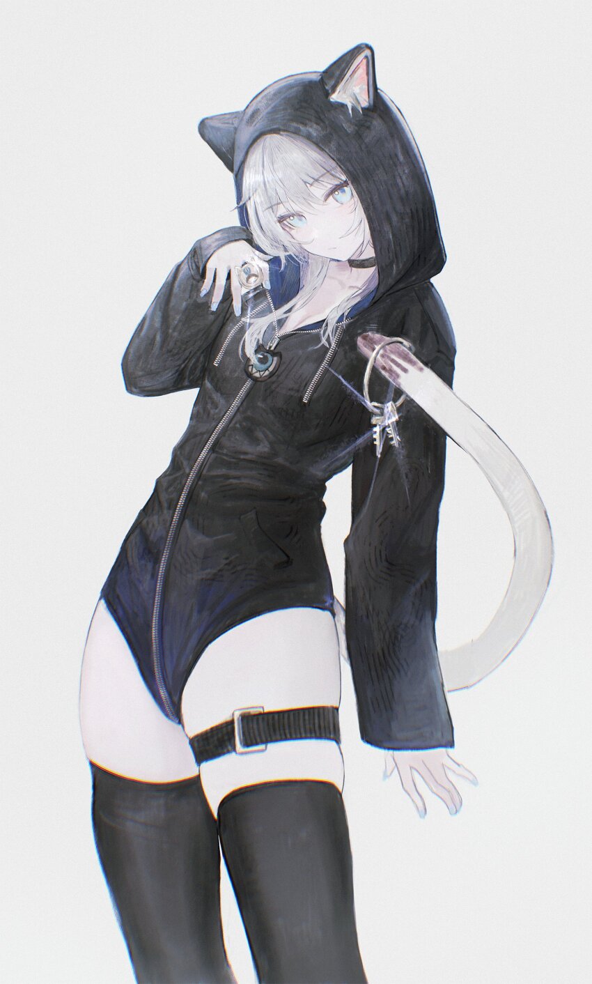1girl absurdres alternate_costume animal_ear_fluff animal_ears animal_hood belt black_choker black_thighhighs blue_eyes cat_ears cat_girl cat_hood cat_tail choker cipher_(honkai:_star_rail) flippy_(cripine111) grey_hair highres honkai:_star_rail honkai_(series) hood key long_sleeves looking_at_viewer short_hair_with_long_locks simple_background solo standing tail thigh_belt thigh_strap thighhighs white_background zipper_pull_tab