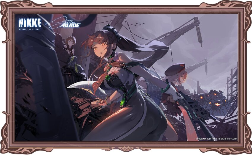 3girls assault_rifle beret blue_eyes bodysuit breasts brown_eyes brown_hair commentary crossover english_commentary eve_(stellar_blade) fighting frown goddess_of_victory:_nikke green_bodysuit gun hat holding holding_gun holding_weapon large_breasts lily_artemis_ii_(stellar_blade) long_hair multiple_girls official_art parted_lips picture_frame ponytail rapi_(nikke) rapture_(nikke) rifle second-party_source short_hair sitting standing star741 stellar_blade weapon