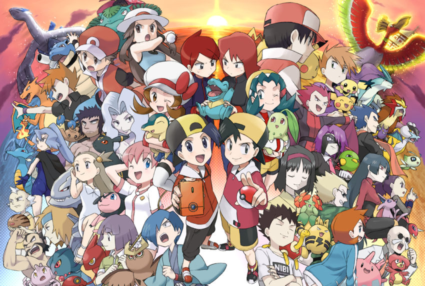 00s 1990s_(style) 6+girls alternate_costume ariados baseball_cap bellossom black_hair blaine_(pokemon) blastoise blue_oak blue_oak_(pokemon_frlg) blue_oak_(pokemon_rgby) brock_(pokemon) brown_hair bruno_(pokemon) bugsy_(pokemon) celebi charizard chikorita chuck_(pokemon) clair_(pokemon) clothes_writing corsola crobat cyndaquil dual_persona elekid elite_four entei erika_(pokemon) espeon ethan_(pokemon) everyone falkner_(pokemon) fire flame-tipped_tail gen_1_pokemon gen_2_pokemon giovanni_(pokemon) gym_leader hat hat_ribbon hitmontop ho-oh holding holding_poke_ball holding_pokedex in-franchise_crossover janine_(pokemon) japanese_clothes jasmine_(pokemon) karen_(pokemon) kimono kingdra koga_(pokemon) koma_yoichi kris_(pokemon) lance_(pokemon) leaf_(pokemon) legendary_pokemon lugia lyra_(pokemon) magby miltank misdreavus misty_(pokemon) morty_(pokemon) multiple_boys multiple_girls mythical_pokemon natu nintendo noctowl old old_man panties pantyshot pichu pikachu poke_ball poke_ball_(basic) pokedex pokemon pokemon_(anime) pokemon_(creature) pokemon_frlg pokemon_gsc pokemon_hgss pokemon_rgby pryce_(pokemon) raikou red_(pokemon) red_(pokemon_frlg) red_ribbon retro_artstyle ribbon sabrina_(pokemon) scizor short_hair shuckle silver_(pokemon) smile spiky-eared_pichu standing starter_pokemon_trio steelix suicune sunset surge_(pokemon) swinub tail topless_male totodile twintails two_side_up tyrogue umbreon underwear venusaur whitney_(pokemon) will_(pokemon)