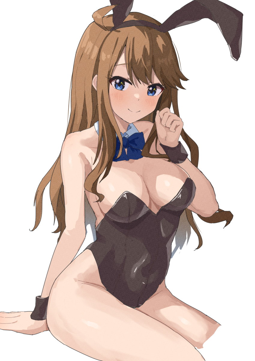 1girl ahoge animal_ears bare_shoulders black_leotard black_wrist_cuffs blue_bow blue_bowtie blue_eyes blush bow bowtie breasts brown_hair cleavage closed_mouth detached_collar ebifu fake_animal_ears hand_up highres idolmaster idolmaster_million_live! leotard long_hair looking_at_viewer playboy_bunny rabbit_ears simple_background sitting smile solo strapless strapless_leotard tokoro_megumi white_background wrist_cuffs