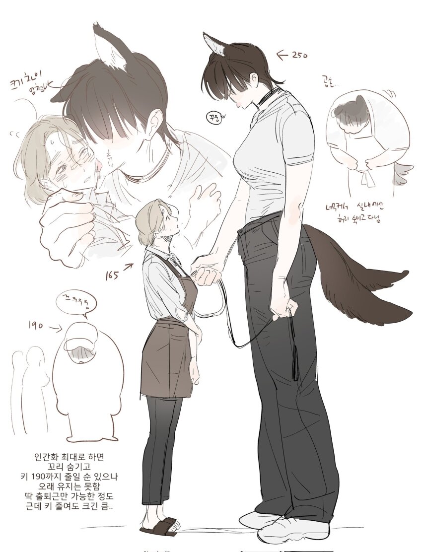 0820_lakia 2girls animal_ears apron blonde_hair brown_apron brown_hair commentary_request dog_ears dog_girl dog_tail hair_over_eyes height_difference highres holding holding_leash korean_commentary korean_text leash licking licking_another&#039;s_face multiple_girls multiple_tails original shirt short_hair simple_background standing tail tongue tongue_out translation_request white_background white_shirt yuri