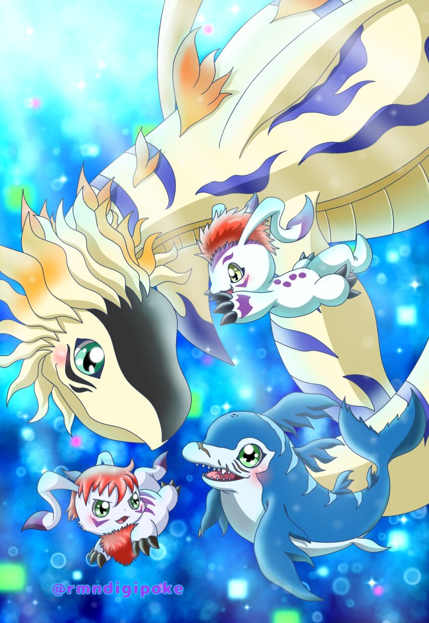 4others claws digimon digimon_(creature) gomamon gomamon_x-antibody green_eyes highres looking_at_another multiple_others plesiomon plesiosaur rukamon tail