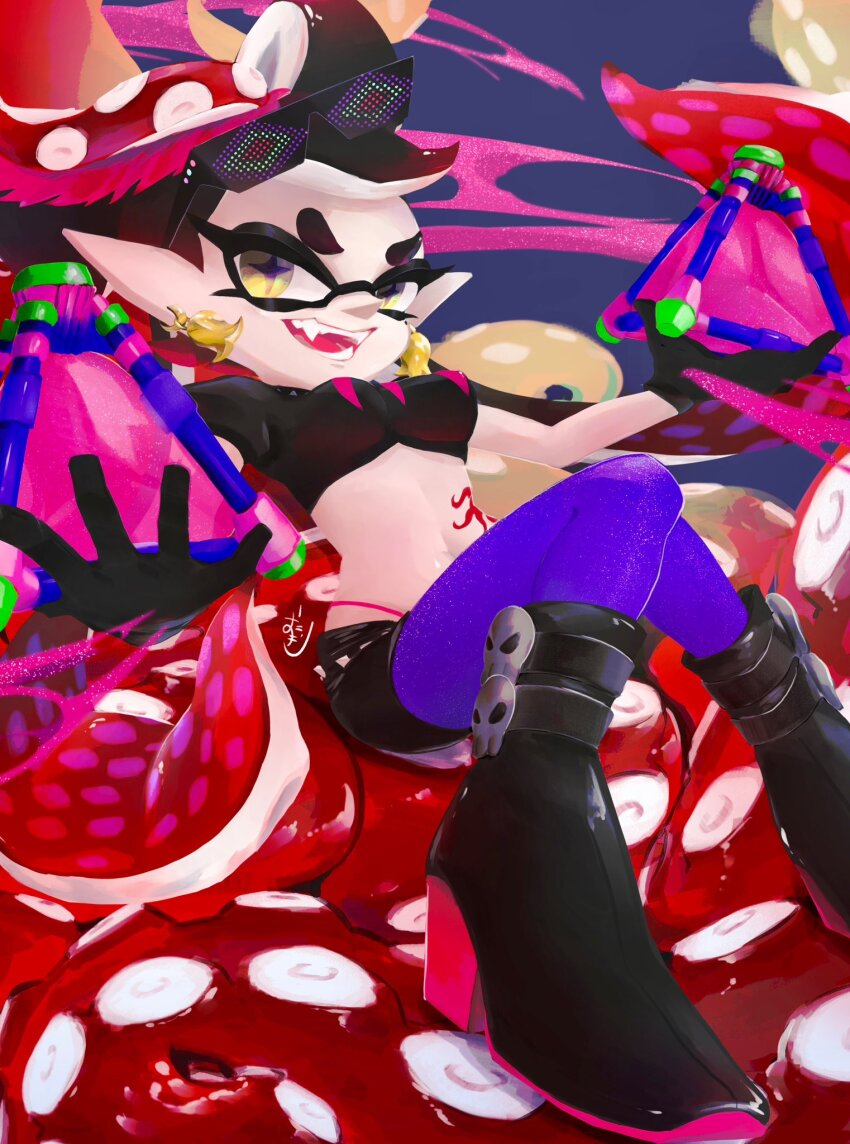 1girl artist_name black_boots black_gloves black_hair black_shirt black_shorts boots callie_(octo_idol_outfit)_(splatoon) callie_(splatoon) cropped_shirt earrings eyewear_on_head fangs food food-themed_earrings food_art food_on_head gloves highleg highleg_panties highres holding holding_weapon inkling jewelry long_hair midriff mole mole_under_eye nintendo object_on_head okome_2g2g panties pantyhose pantyhose_under_shorts pink_panties pointy_ears purple_pantyhose shirt short_sleeves shorts signature sitting solo splat_bomb_(splatoon) splatoon_(series) splatoon_2 star-shaped_pupils star_(symbol) stomach_tattoo string_panties sunglasses sushi symbol-shaped_pupils tako-san_wiener tattoo tentacle_hair tentacles underwear weapon