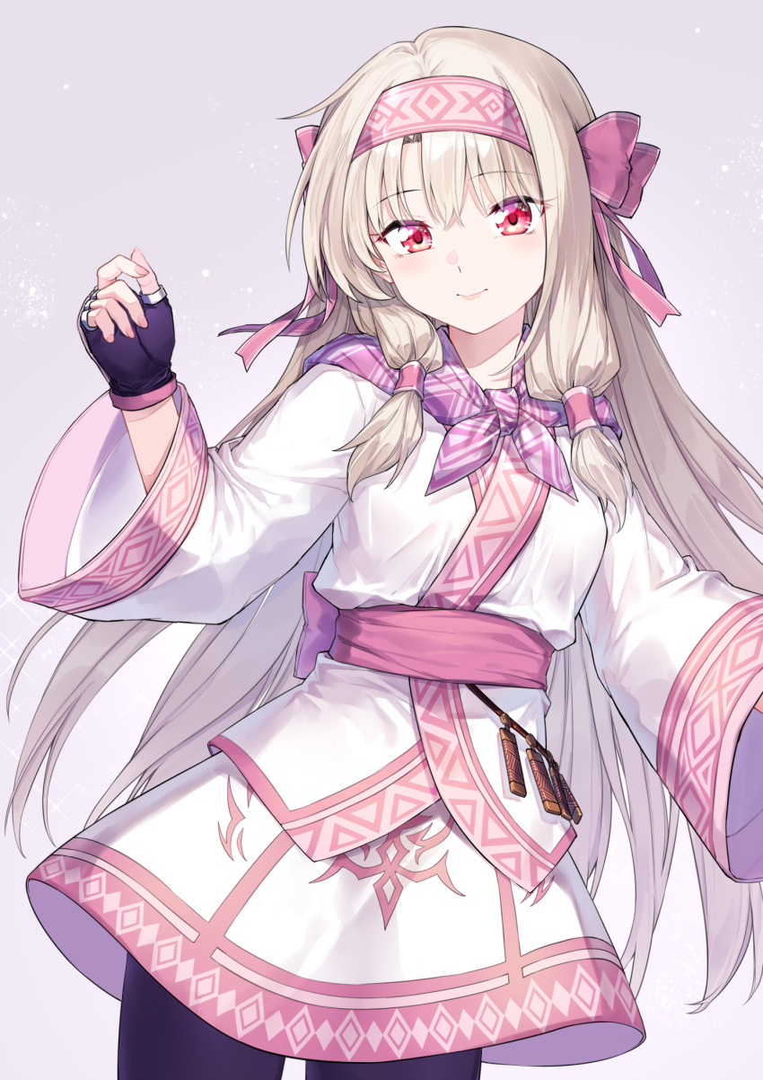 1girl ainu_clothes black_pantyhose breasts coffeekite fate/grand_order fate_(series) fingerless_gloves fur_trim gloves hairband highres long_hair looking_at_viewer pantyhose purple_gloves purple_hairband purple_scarf red_eyes sash scarf shirt sidelocks sitonai_(fate) skirt small_breasts smile solo white_hair white_shirt white_skirt