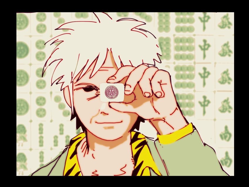 1boy absurdres akagi_shigeru animal_print black_border black_eyes border closed_mouth commentary english_commentary fukumoto_mahjong grey_jacket highres holding holding_mahjong_tile jacket long_sleeves looking_at_viewer mahjong mahjong_tile male_focus old old_man print_shirt shirt short_hair smile solo ten_(manga) tiger_print tzk6996 upper_body white_hair wrinkled_skin yellow_shirt