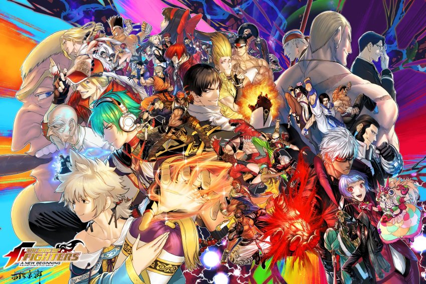 alice_garnet_nakata andy_bogard angel_(kof) asamiya_athena azuma_kyoutarou_(artist) bandeiras_hattori billy_kane black_hair blonde_hair boots camouflage camouflage_pants chang_koehan chaps chin_gentsai choi_bounge clark_still cowboy_boots cropped_jacket crown daimon_gorou dinosaur_boy dinosaur_costume everyone eyeball eyepatch fake_horns fatal_fury fingerless_gloves gang-il garou:_mark_of_the_wolves geese_howard gloves green_hair hachimaki hair_over_one_eye headband hein_(kof) highres horns jacket joe_higashi k&#039;_(kof) kim_kaphwan king_(snk) king_of_dinosaurs kukri_(kof) kula_diamond kusanagi_kyou leather leather_jacket leona_heidern luong mature_(kof) maxima meitenkun mian_(kof) mini_crown nakoruru nelson_(kof) nikaidou_benimaru official_art pants ralf_jones ramon_(kof) robert_garcia ryou_sakazaki shiranui_mai shun&#039;ei sie_kensou snk sylvie_paula_paula tank_top terry_bogard the_king_of_fighters the_king_of_fighters:_a_new_beginning the_king_of_fighters_xiv toned tung_fue_rue vice_(kof) white_hair xanadu_(kof) yagami_iori yellow_tank_top yuri_sakazaki zarina