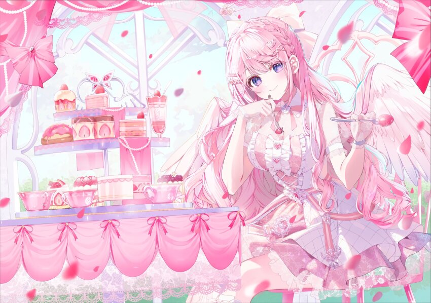 1girl a20_(atsumaru) angel_wings blush bow bowtie braid breasts buttons cake cake_slice cake_stand cleavage curly_hair dress falling_petals food fork fruit gloves hair_bow hair_ornament hairclip heart_button highres himeno_aimu holding holding_fork holding_spoon ice_cream indie_virtual_youtuber layered_dress long_hair looking_at_viewer medium_breasts official_art on_chair petals pink_bow pink_bowtie pink_dress purple_eyes see-through_cleavage see-through_clothes see-through_gloves see-through_sleeves short_sleeves sitting smile solo spoon strawberry sundae table two-tone_dress white_dress white_gloves wings