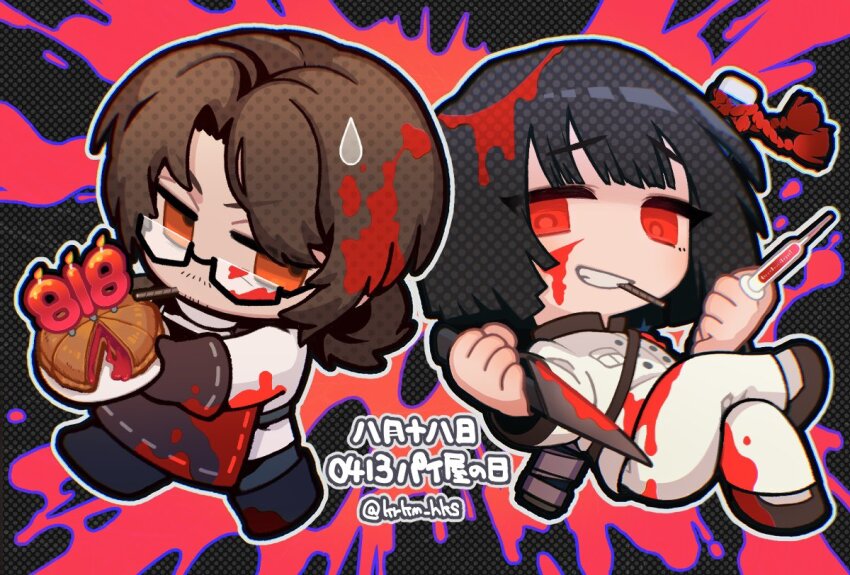 1boy 1girl apron artist_name black-framed_eyewear black_background black_hair black_pants blood blood_in_hair blood_on_clothes blood_on_face blood_splatter bloody_apron bloody_knife bloody_weapon blunt_bangs blunt_ends brown_apron brown_gloves brown_hair candle chibi chibi_only cigarette crossed_legs dated food full_body glasses gloves gregor_(project_moon) grin holding holding_knife holding_plate holding_syringe holding_weapon implied_cannibalism knife krkm_hks limbus_company long_hair long_sleeves looking_at_another looking_at_viewer low_ponytail meat_pie number_candle orange_eyes outline pants pie plate ponytail project_moon r.b._(identity)_(project_moon) red_eyes ryoshu_(project_moon) screentones shirt short_hair sideways_glance simple_background smile sweatdrop syringe twitter_username weapon white_outline white_pants white_shirt