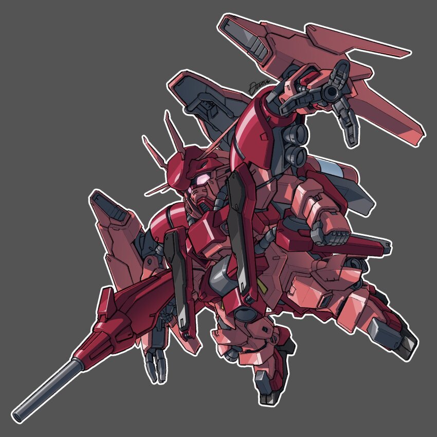 beam_rifle byalant_isolde chibi commentary energy_gun english_commentary extra_arms full_body fusion gun gundam gundam:_twilight_axis gundam_tristan highres holding holding_gun holding_weapon mecha mecha_focus no_humans pink_eyes robot science_fiction sd_gundam signature solo thrusters toilobo v-fin weapon zaku_iii_custom