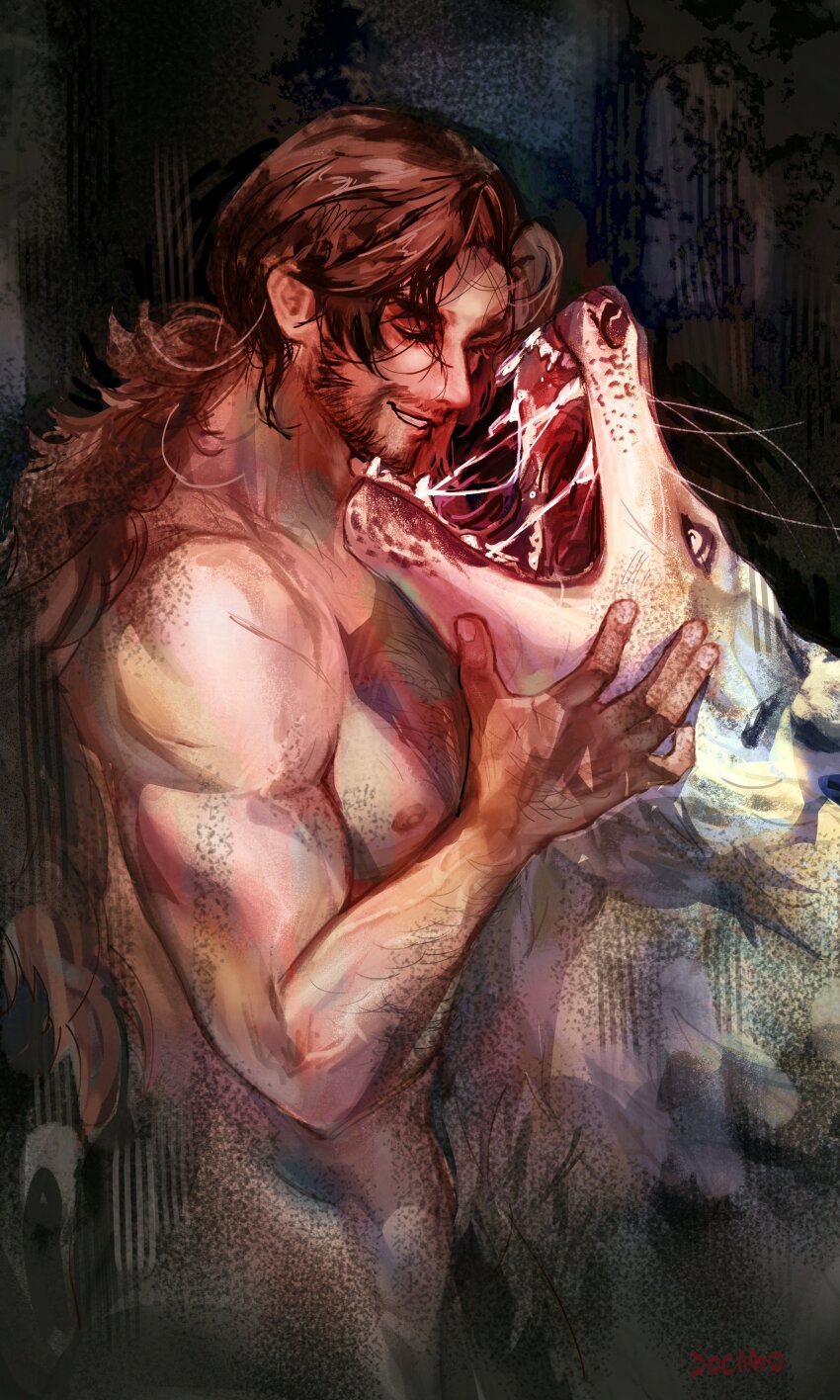 1boy absurdres beard brown_hair chest_hair closed_eyes dark-skinned_male dark_skin docabo11 facial_hair full_beard hand_on_animal highres long_hair low_ponytail male_focus muscular muscular_male nipples nude pectorals ponytail reverse:1999 shamane smile solo wolf