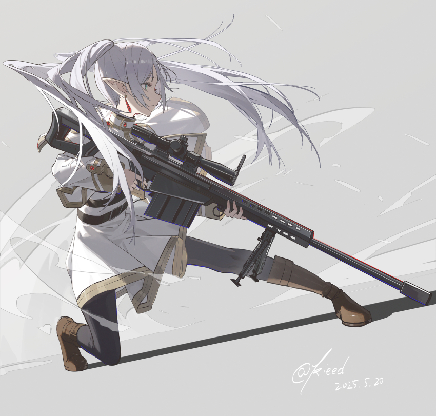 1girl absurdres anti-materiel_rifle barrett_m82 black_pantyhose blue_eyes boots brown_boots dress earrings frieren full_body gun highres holding holding_gun holding_weapon jewelry kieed long_sleeves pantyhose pointy_ears rifle sniper_rifle solo sousou_no_frieren sparkle twintails weapon white_dress white_hair