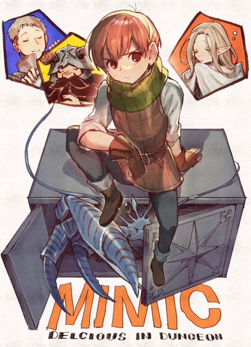 1girl 3boys animal arm_support armor beard black_footwear black_hair black_pants blanket blonde_hair boots brown_gloves chilchuck_tims closed_eyes copyright_name covered_mouth crab dungeon_meshi dwarf elf english_text facial_hair facing_viewer fake_horns fingerless_gloves frown full_body gloves green_scarf grey_hair halfling helmet highres horned_helmet horns knee_up laios_touden leather_armor long_beard long_hair looking_at_viewer male_focus marcille_donato mebaru mimic mimic_chest multiple_boys mustache pants parted_bangs plate_armor pointy_ears red_eyes red_hair scarf senshi_(dungeon_meshi) shirt short_hair sitting sitting_on_object sleeping sleeping_upright smile solo_focus under_covers white_background white_shirt