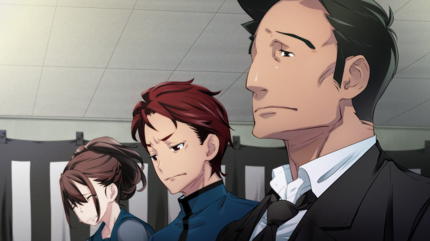1girl 2boys adam&#039;s_apple black_necktie black_stripes blazer blue_sailor_collar brown_hair ceiling chuo_tanegashima_high_school_uniform chuo_tanegashima_high_winter_school_uniform clenched_teeth closed_eyes collarbone collared_jacket cropped_shirt crying formal_clothes frown fukuda_tomonori funeral game_cg grey_shirt hair_between_eyes high_ponytail highres indoors jacket long_sleeves looking_down looking_to_the_side loose_necktie multiple_boys nagafukada_mitsuhiko necktie no_beard non-web_source official_art open_collar parted_lips ponytail ponytail_with_braided_base red_hair robotics;notes sad sailor_collar school_uniform senomiya_akiho shirt short_hair sidelocks streaming_tears suit suit_jacket teardrop tears teeth tile_ceiling tiles very_short_hair yashio_kaito