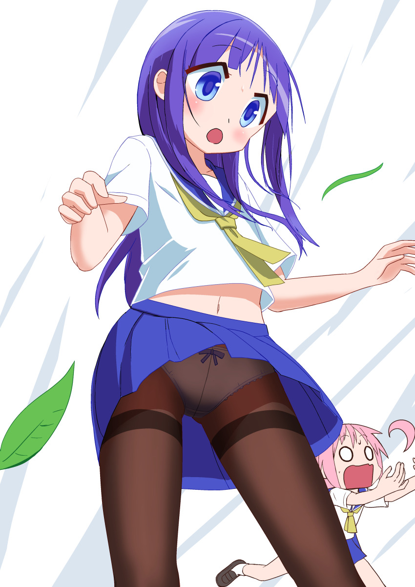 0_0 2girls absurdres black_pantyhose black_shoes blue_eyes blue_sailor_collar blue_skirt bow bow_panties clothes_lift commentary_request highres hinata_yukari leaf long_hair mary_janes miniskirt multiple_girls neckerchief nonohara_yuzuko nyoki_naioki open_mouth panties panties_under_pantyhose pantyhose pleated_skirt purple_hair sailor_collar school_uniform serafuku shirt shoes skirt skirt_lift solo sweatdrop underwear white_background white_panties white_shirt wind wind_lift yellow_neckerchief yuyushiki yuyushiki&#039;s_school_uniform