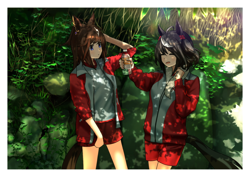 2girls ahoge animal_ears black_hair blue_eyes bottle brown_hair cowboy_shot duramente_(umamusume) facing_another from_side gym_shirt highres holding holding_bottle horse_ears horse_girl horse_tail jacket kitasan_black_(umamusume) long_hair looking_at_another multicolored_hair multiple_girls open_clothes open_jacket plastic_bottle red_jacket red_shorts shirt short_hair shorts streaked_hair tail timmyyen towel towel_around_neck tracen_training_uniform track_jacket umamusume white_hair white_shirt