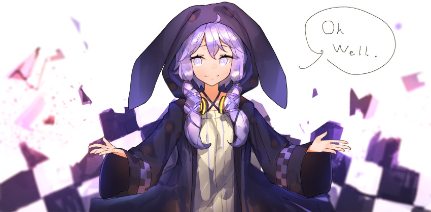 1girl absurdres ahoge animal_ears animal_hood bad_id bad_pixiv_id black_jacket capelet cio_hakatano commentary criss-cross_halter dress english_text furrowed_brow hair_tie halterneck headphones headphones_around_neck highres hood hooded_capelet jacket light_smile outstretched_arms purple_eyes purple_hair rabbit_ears rabbit_hood sidelocks solo speech_bubble upper_body vocaloid voiceroid yellow_dress yuzuki_yukari yuzuki_yukari_(lin) yuzuki_yukari_(vocaloid4)