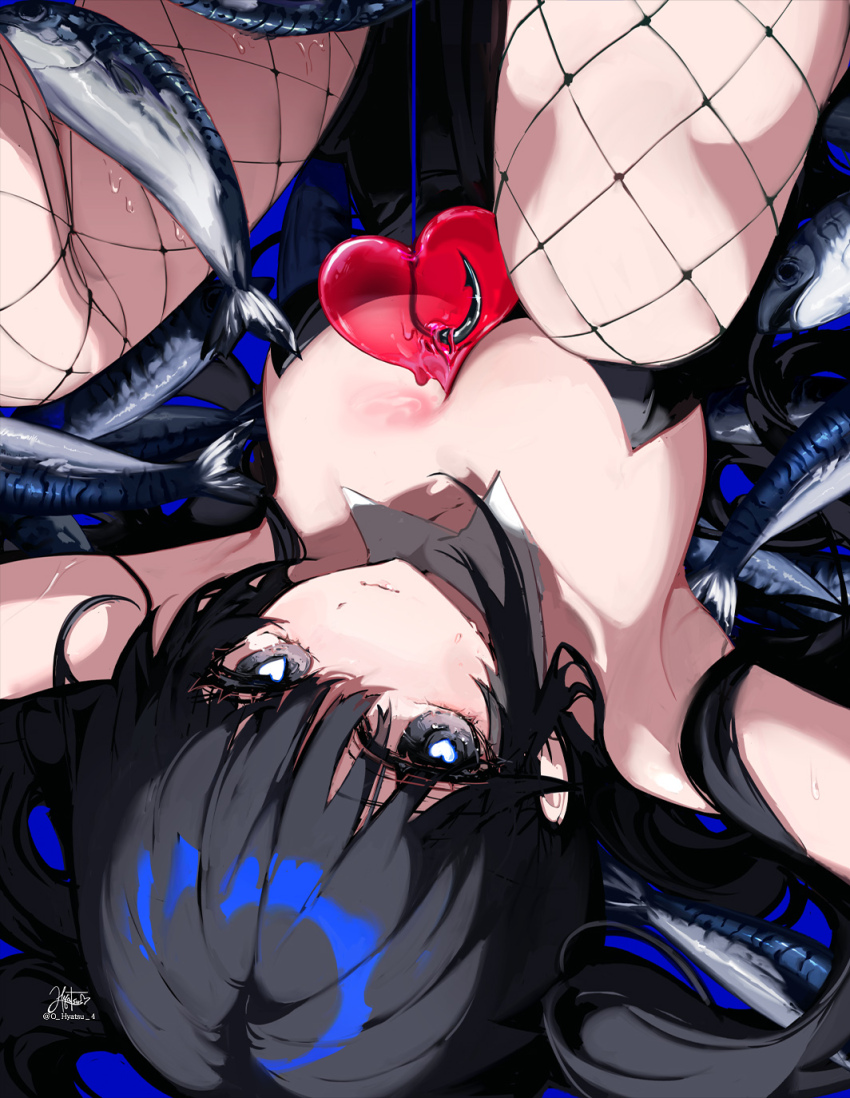 1girl artist_name bare_shoulders black_hair black_leotard black_pantyhose blue_background blue_eyes breasts closed_mouth collar detached_collar feet_out_of_frame fish fish_hook fishnet_pantyhose fishnets folded hair_between_eyes heart heart-shaped_pupils highres hook hyatsu large_breasts leotard long_hair looking_at_viewer original pantyhose playboy_bunny side_ponytail signature simple_background solo strapless strapless_leotard sweat symbol-shaped_pupils upside-down
