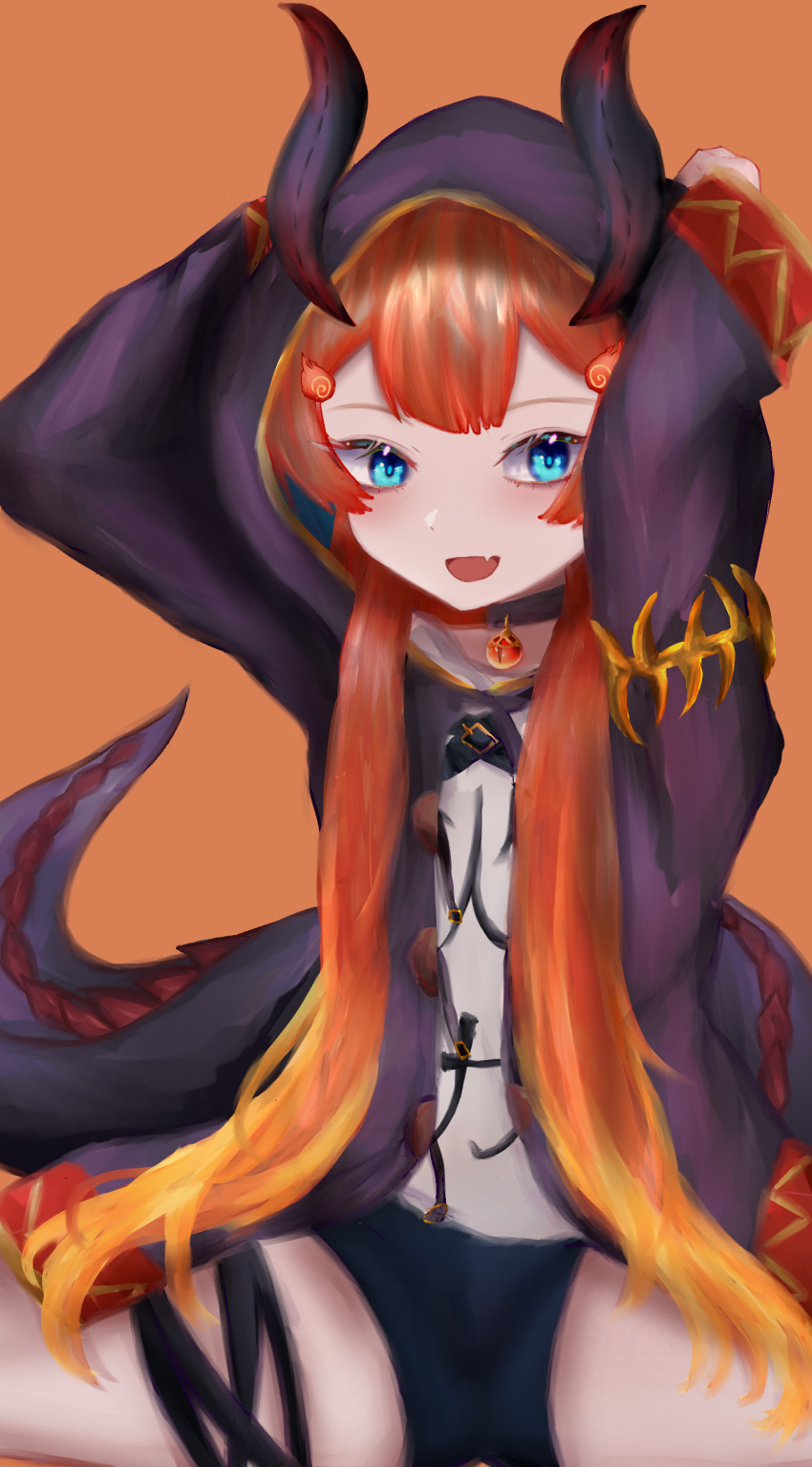 1girl absurdres blue_eyes commission fake_horns fake_tail fang gluxua hair_ornament highres hood hoodie horns japanese_text long_hair miki_hitsugi open_mouth orange_hair pants skin_fang specialite_en tail thighs virtual_youtuber