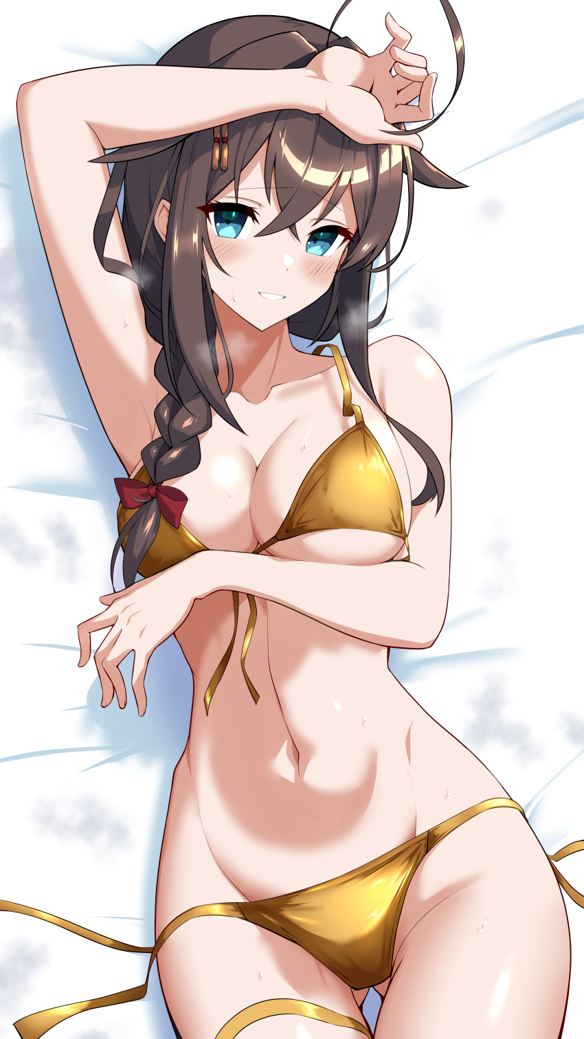 absurdres bikini black_hair blue_eyes braid breasts front-tie_bikini_top front-tie_top gold_bikini hair_between_eyes hair_flaps hair_over_shoulder highres kantai_collection large_breasts long_hair navel shiba_(zudha) shigure_(kancolle) shigure_kai_san_(kancolle) side-tie_bikini_bottom single_braid swimsuit tie_bikini_bottom untied_bikini