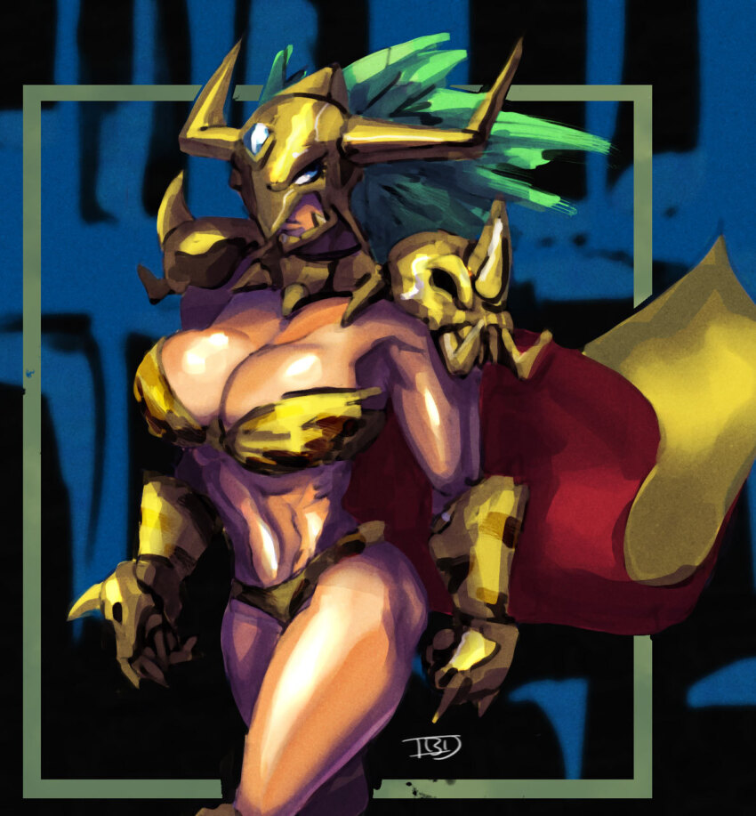 1girl digimon digimon_(creature) female_focus highres horns kinkakumon long_hair mask muscular muscular_female solo