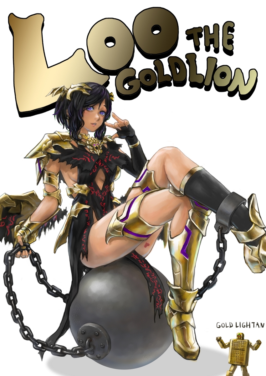 1boy 1girl absurdres armor black_hair breasts chain chang_koehan character_name fingerless_gloves gloves gold_armor gold_lightan gonome heart heart_tattoo highres holding holding_chain indie_virtual_youtuber lion lips loo_(kinshishi_no_ru) mecha metal_ball open_mouth purple_eyes robot sideboob single_fingerless_glove sitting_on_weapon tattoo thighs virtual_youtuber