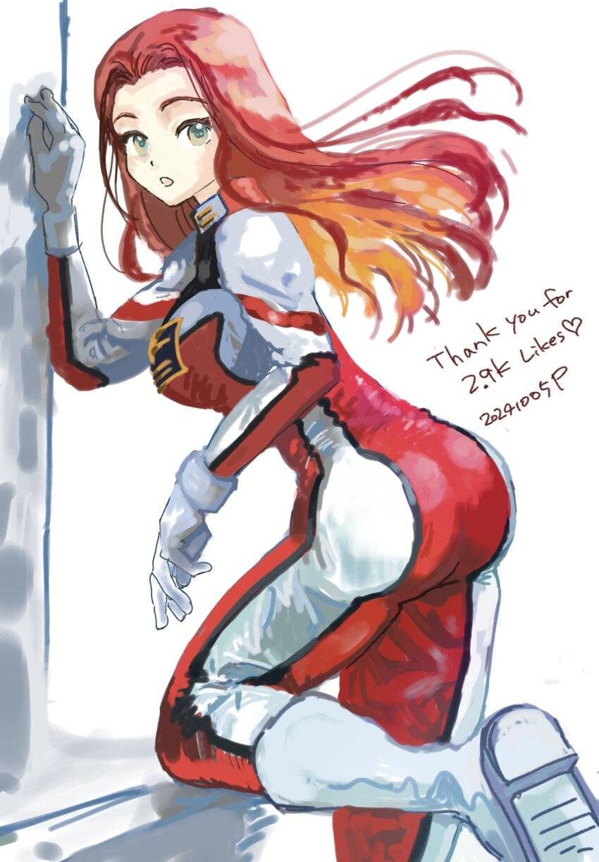 1girl ass blue_eyes christina_mackenzie gloves gundam gundam_0080 highres long_hair looking_at_viewer looking_to_the_side mecha_pilot_suit normal_suit_(gundam) okrdisk2000 orange_hair solo standing standing_on_one_leg white_gloves
