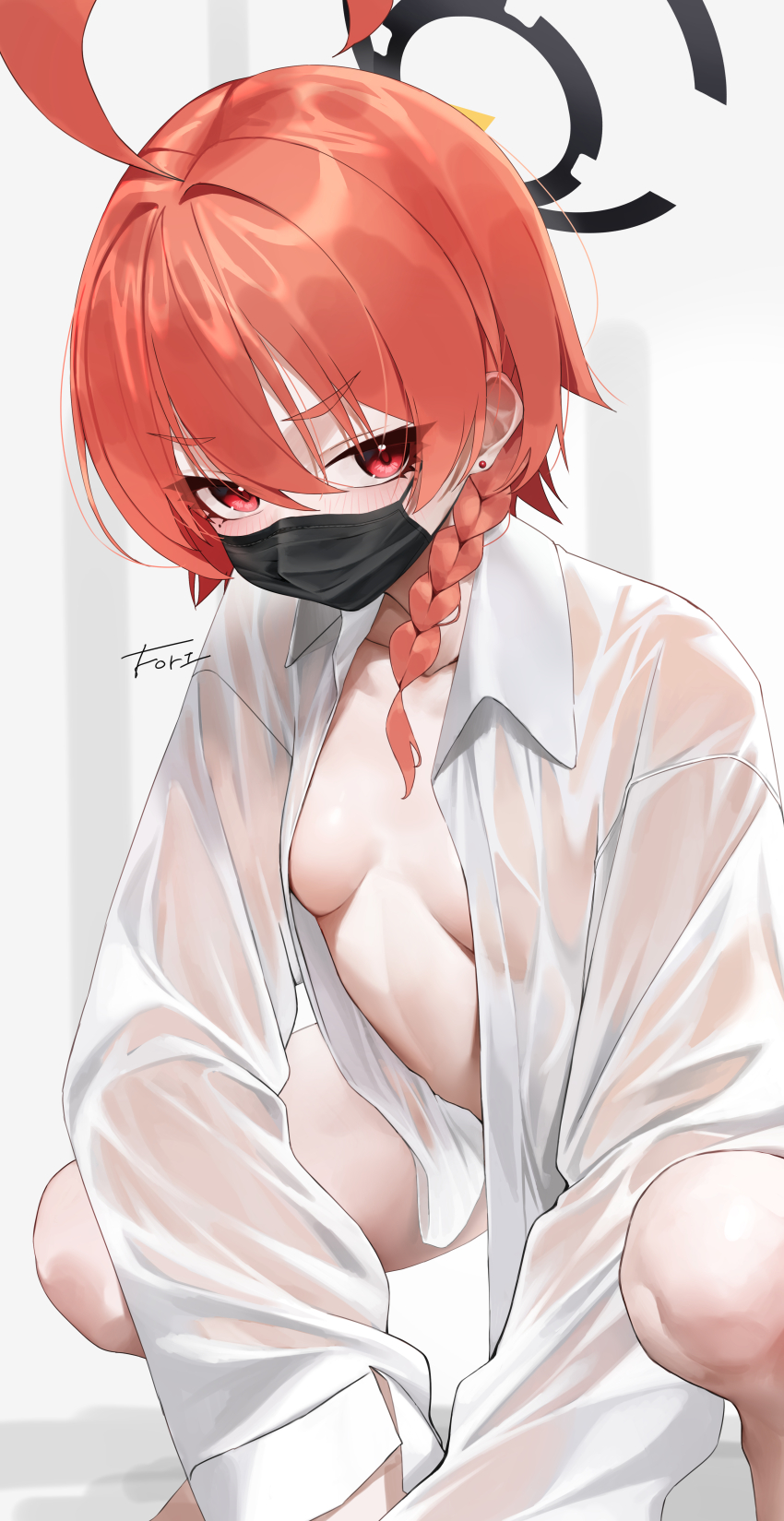1girl absurdres ahoge black_halo black_mask blue_archive blush braid breasts collarbone collared_shirt commentary covered_mouth earrings english_commentary hair_between_eyes halo highres huge_ahoge jewelry korean_commentary loli long_sleeves looking_at_viewer mask mixed-language_commentary mole mole_under_eye mouth_mask naked_shirt neru_(blue_archive) not_forever2w open_clothes open_shirt red_eyes red_hair see-through_clothes see-through_shirt see-through_sleeves shirt short_hair signature single_braid small_breasts solo squatting thighs tsurime v-shaped_eyebrows white_shirt