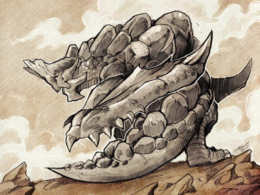 basario_(monster_hunter) claws dragon fantasy horms ink monochrome monster monster_hunter_(series) mountains outdoors sky source_request traditional_media