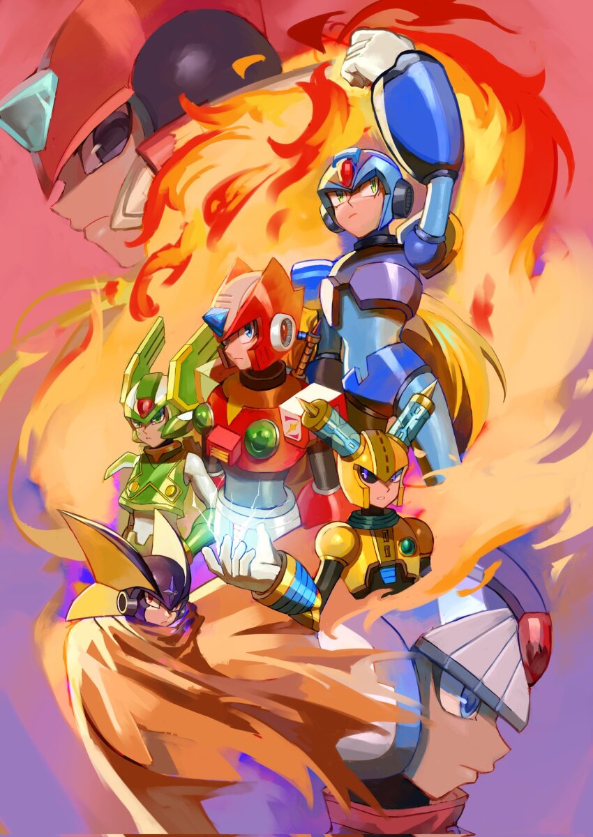 6+boys arm_up armor bass.exe_(mega_man) black_helmet blonde_hair blue_armor blue_eyes blue_helmet brown_cloak cloak cyber_elf_x_(mega_man) electricity facial_mark forehead_jewel fuse_man green_armor green_eyes green_helmet helmet highres long_hair male_focus maymango_2244 mega_man_(classic) mega_man_(series) mega_man_11 mega_man_battle_network_(series) mega_man_x_(series) mega_man_zero_(series) multiple_boys red_armor red_helmet sage_harpuia_(mega_man) winged_helmet x_(mega_man) yellow_armor yellow_helmet zero(z)_(mega_man) zero_(mega_man)