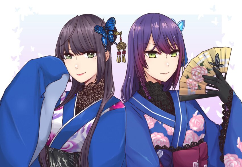 2girls arm_at_side assault_lily black_gloves black_hair black_shirt blue_kimono border braid braided_bun butterfly_background butterfly_hair_ornament closed_mouth commentary cosplay floral_print folding_fan funada_kiito funada_kiito_(cosplay) gloves gradient_background green_eyes grey_background hair_bun hair_ornament hair_stick hand_fan hand_up holding holding_fan ishii_haruna japanese_clothes kimono long_hair long_sleeves looking_at_viewer mole mole_under_eye multiple_girls nigari_(ngari_0115) obi official_alternate_costume official_alternate_hairstyle outside_border print_kimono purple_background purple_hair real_life sash shirt side-by-side side_braid single_braid single_side_bun sleeves_past_fingers sleeves_past_wrists smile voice_actor voice_actor_connection white_border wide_sleeves
