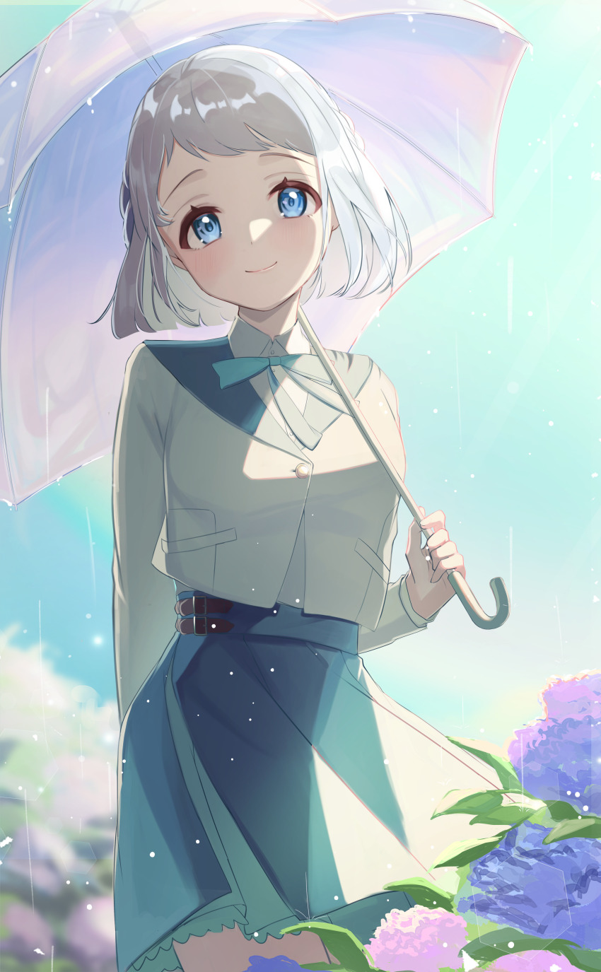 1girl absurdres blue_eyes blue_ribbon blue_skirt closed_mouth cowboy_shot flower gakuen_idolmaster grey_hair hakumai_(5fc) highres holding holding_umbrella idolmaster katsuragi_lilja looking_at_viewer neck_ribbon pink_flower rain ribbon shirt short_hair skirt smile solo umbrella white_shirt