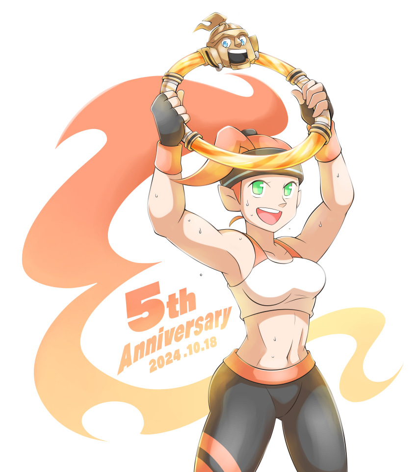 1girl 1other absurdres anniversary aogaeru_(pixiv46613656) black_gloves black_pants crop_top dated fiery_hair fingerless_gloves gloves green_eyes highres pants ring_(ring_fit_adventure) ring_fit_adventure ring_fit_trainee ring_fit_trainee_(female) smile sports_bra white_background white_sports_bra