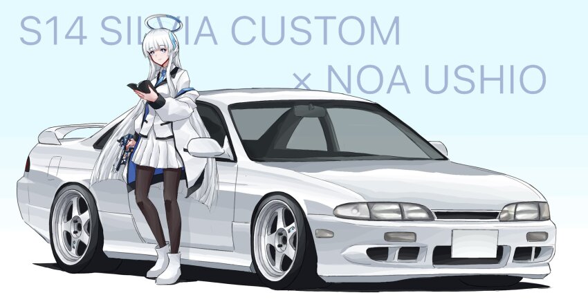 1girl black_eyes black_pantyhose blue_archive book boots bright_pupils car character_name collared_shirt gun halo handgun highres holding holding_book holding_gun holding_weapon jacket long_hair looking_at_viewer mechanical_halo motor_vehicle nissan nissan_silvia nissan_silvia_s14 noa_(blue_archive) pantyhose pleated_skirt shadow shirt skirt smile solo sports_car vehicle_focus vehicle_name very_long_hair weapon white_boots white_car white_hair white_jacket white_pupils white_shirt white_skirt yuuki_(abekobenanda)