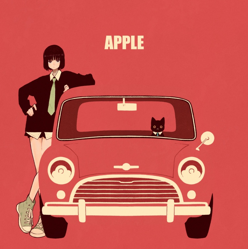 1girl black_cat black_hair black_skirt black_sweater blending car cat english_text green_necktie green_shoes hand_on_own_hip highres leaning_on_object looking_at_viewer motor_vehicle necktie original pleated_skirt red_background shirt shoes short_hair simple_background skirt solo sweater syooooyoooo white_shirt
