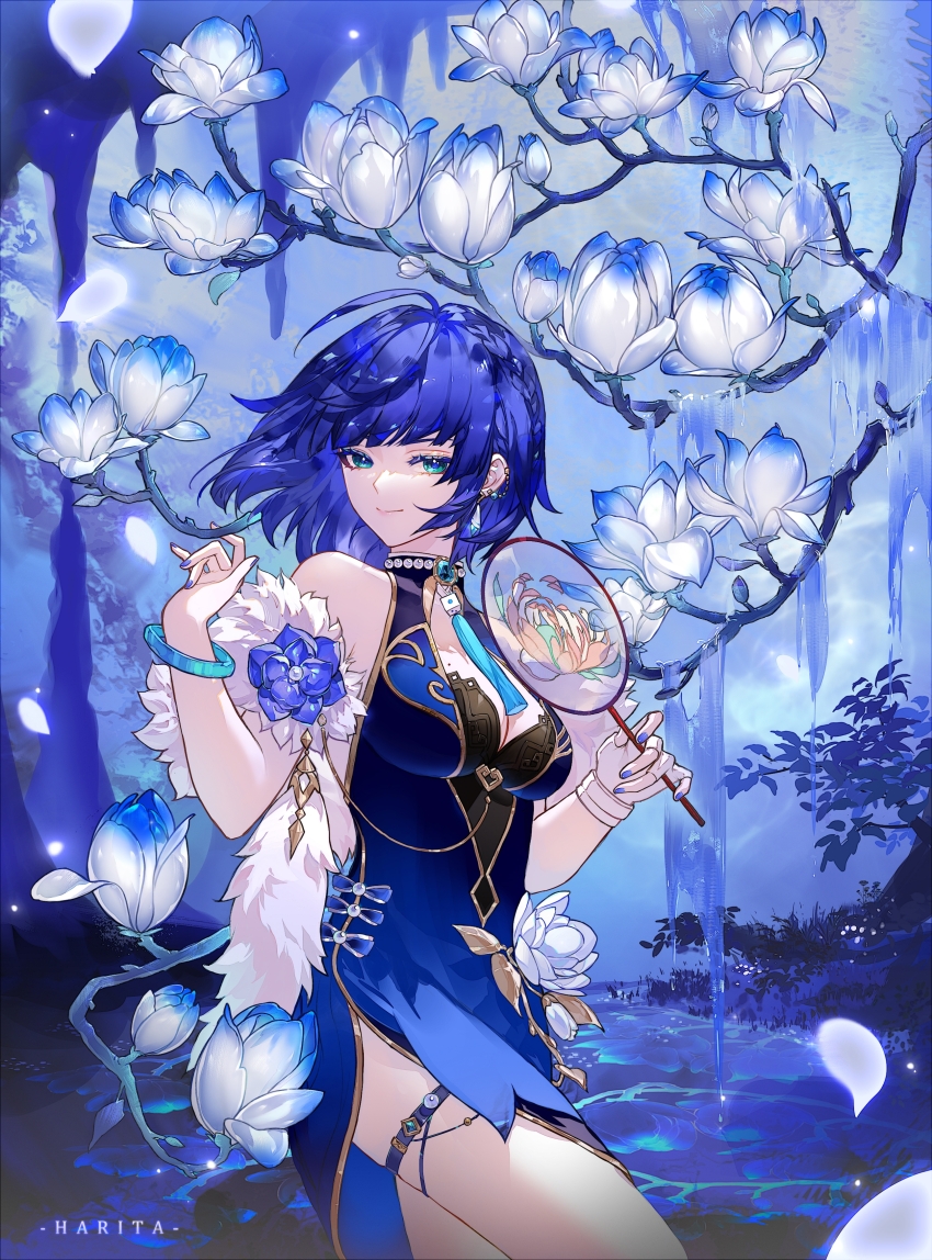 1girl absurdres aqua_eyes artist_name bead_choker blue_dress blue_gemstone blue_hair blue_nails blunt_bangs bracelet breasts cleavage closed_mouth commentary_request cowboy_shot dice dress earrings fingerless_gloves flower fur_shawl gem genshin_impact gloves hand_fan hands_up highres holding holding_fan ice jewelry looking_at_viewer medium_hair neck_tassel shawl single_fingerless_glove smile solo thigh_strap tree tuanshan water white_flower white_gloves yelan_(genshin_impact) zhaoshao_wan_harita