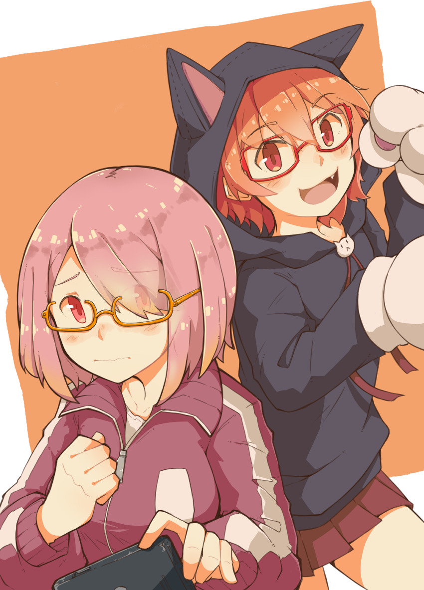 2girls animal_hands animal_hood black_hoodie brown_skirt cat_hood closed_mouth commentary_request cowboy_shot fang glasses gloves highres hood hood_up hoodie hoshino_hinata hoshino_miyako_(wataten) jacket kokuya_(kokuya28) looking_at_viewer multiple_girls open_mouth orange-framed_eyewear orange_background orange_hair paw_gloves pink_hair pleated_skirt purple_jacket red-framed_eyewear red_eyes short_hair siblings sisters skirt smile two-tone_background upper_body watashi_ni_tenshi_ga_maiorita!