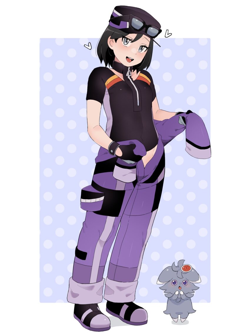 1boy :d black_hair blue_background border calem_(pokemon) commentary_request cosplay espurr full_body gen_6_pokemon gloves grey_eyes hat heart highres hilbert_(pokemon) hilbert_(pokemon)_(cosplay) hilbert_(sygna_suit)_(pokemon) holding jumpsuit male_focus nintendo open_mouth pokemon pokemon_(creature) pokemon_masters_ex pokemon_xy purple_jumpsuit sana_(37pisana) shirt shoes short_hair short_sleeves smile standing teeth upper_teeth_only zipper_pull_tab