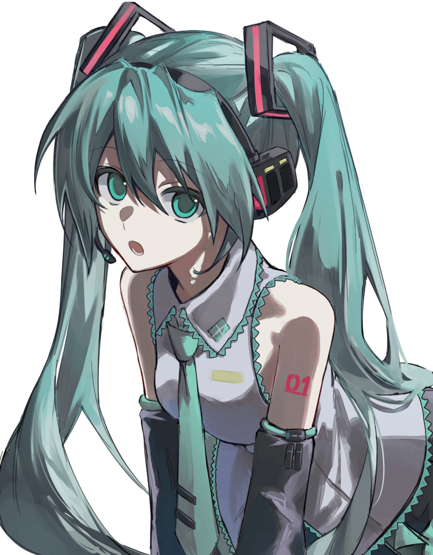 1girl absurdres aqua_eyes aqua_hair aqua_necktie bare_shoulders commentary detached_sleeves hair_ornament hatsune_miku headphones highres long_hair looking_at_viewer necktie open_mouth rishaku_(user_cuwx8758) simple_background sleeveless solo twintails very_long_hair vocaloid white_background