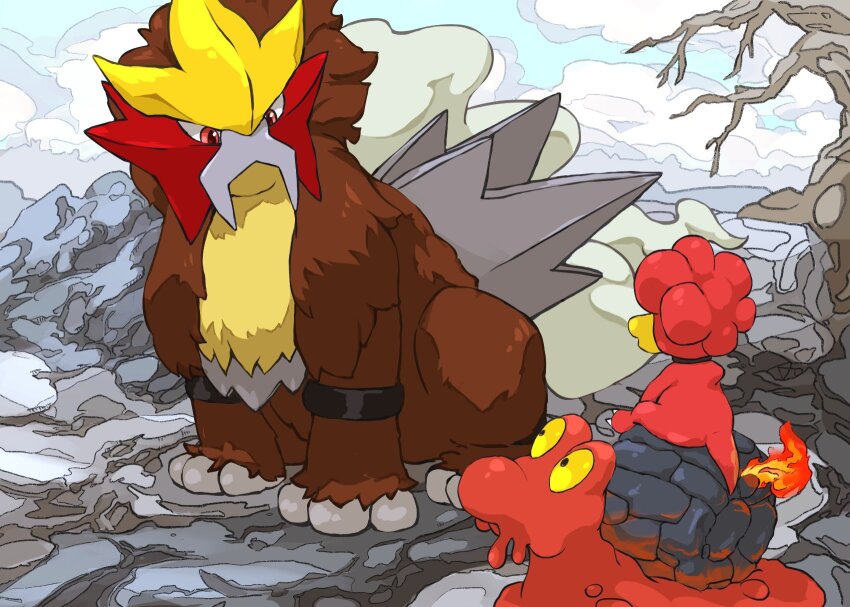 aomon_(yuuji7604) bare_tree black_eyes cloud colored_sclera commentary day entei fire flame-tipped_tail gen_2_pokemon highres legendary_pokemon looking_at_another magby magcargo nintendo no_humans outdoors pokemon pokemon_(creature) red_eyes rock sitting tail tree yellow_sclera