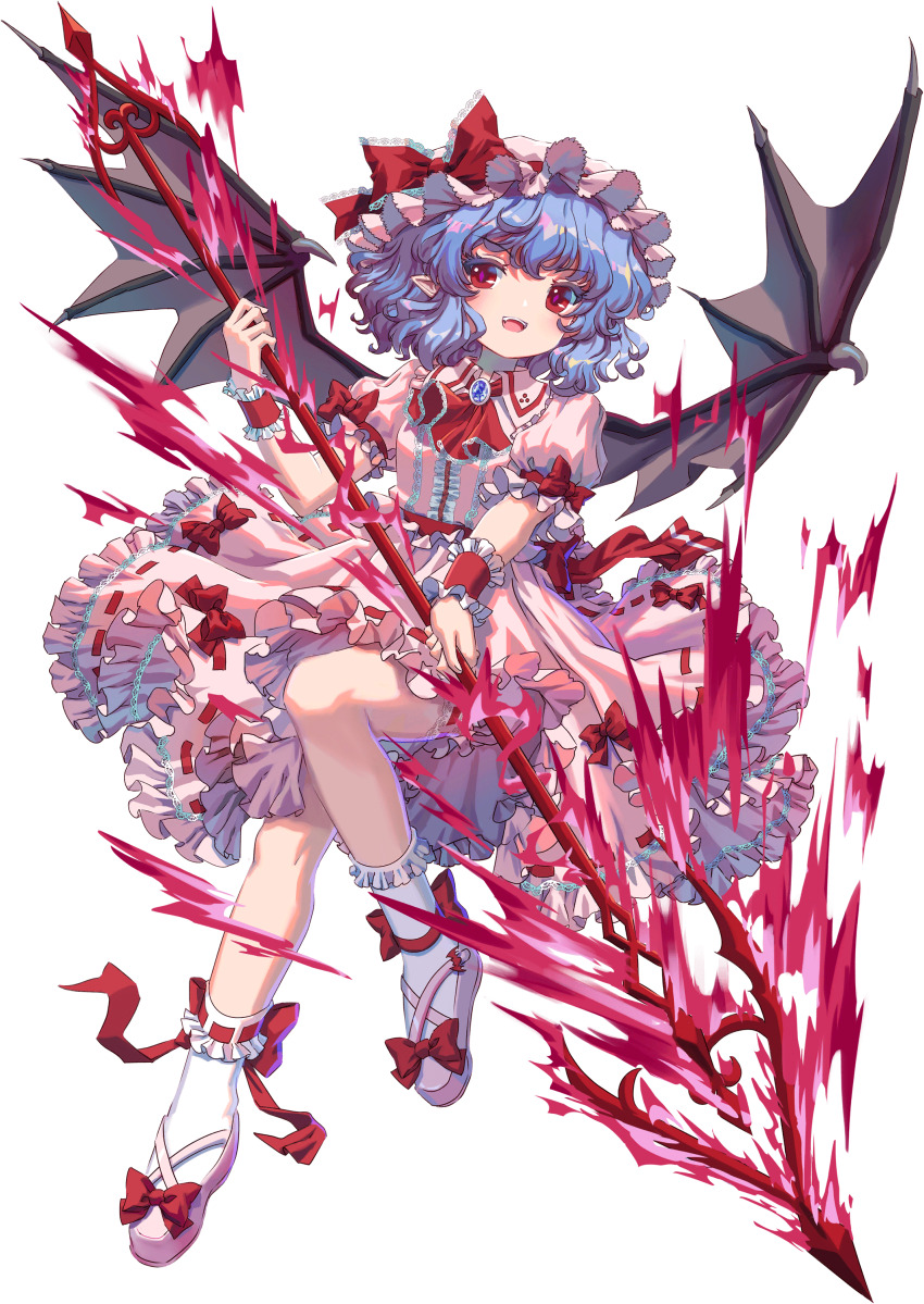 1girl absurdres ankle_ribbon ascot bat_wings blue_gemstone blue_hair center_frills cross-laced_footwear dress fangs footwear_ribbon frilled_dress frilled_wrist_cuffs frills full_body game_cg gem hat highres holding holding_polearm holding_weapon kumio leg_ribbon mob_cap non-web_source pink_dress pink_hat pink_shoes pink_sleeves pointy_ears polearm puffy_short_sleeves puffy_sleeves red_ascot red_eyes red_ribbon red_wrist_cuffs remilia_scarlet ribbon shoes short_hair short_sleeves socks solo spear_the_gungnir tachi-e touhou touhou_blooming_chaos weapon white_socks wings wrist_cuffs
