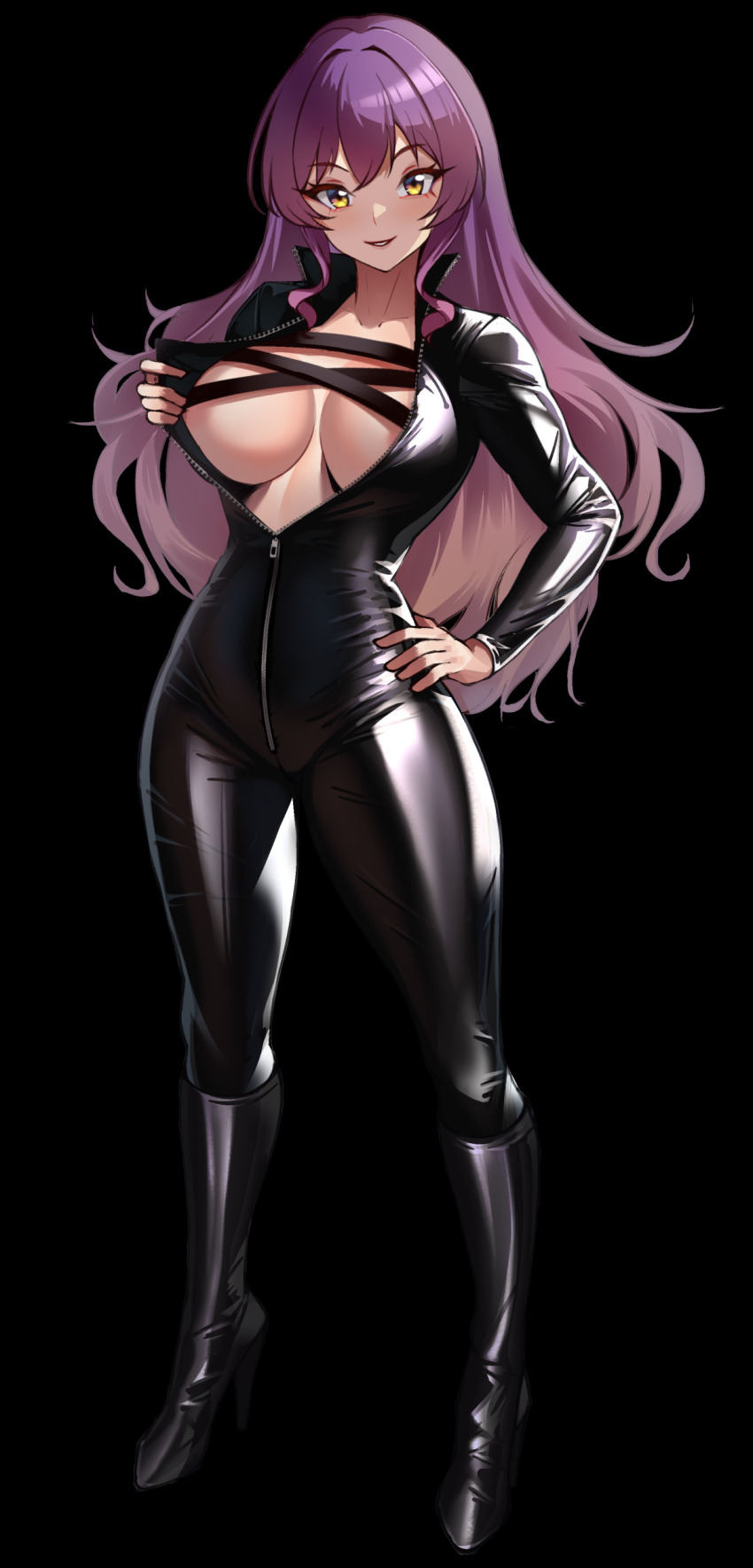1girl absurdres biker_clothes bikesuit black_background black_bodysuit black_boots blonde_hair blush bodysuit boots breasts commentary cross-laced_clothes flashing full_body hand_on_own_hip high_heel_boots high_heels highres hijiri_byakuren knee_boots large_breasts latex latex_bodysuit long_hair long_sleeves looking_at_viewer multicolored_hair no_bra official_alternate_costume parted_lips partially_unzipped purple_hair simple_background skin_tight smile solo standing touhou turbo_byakuren two-tone_hair urban_legend_in_limbo volyz yellow_eyes