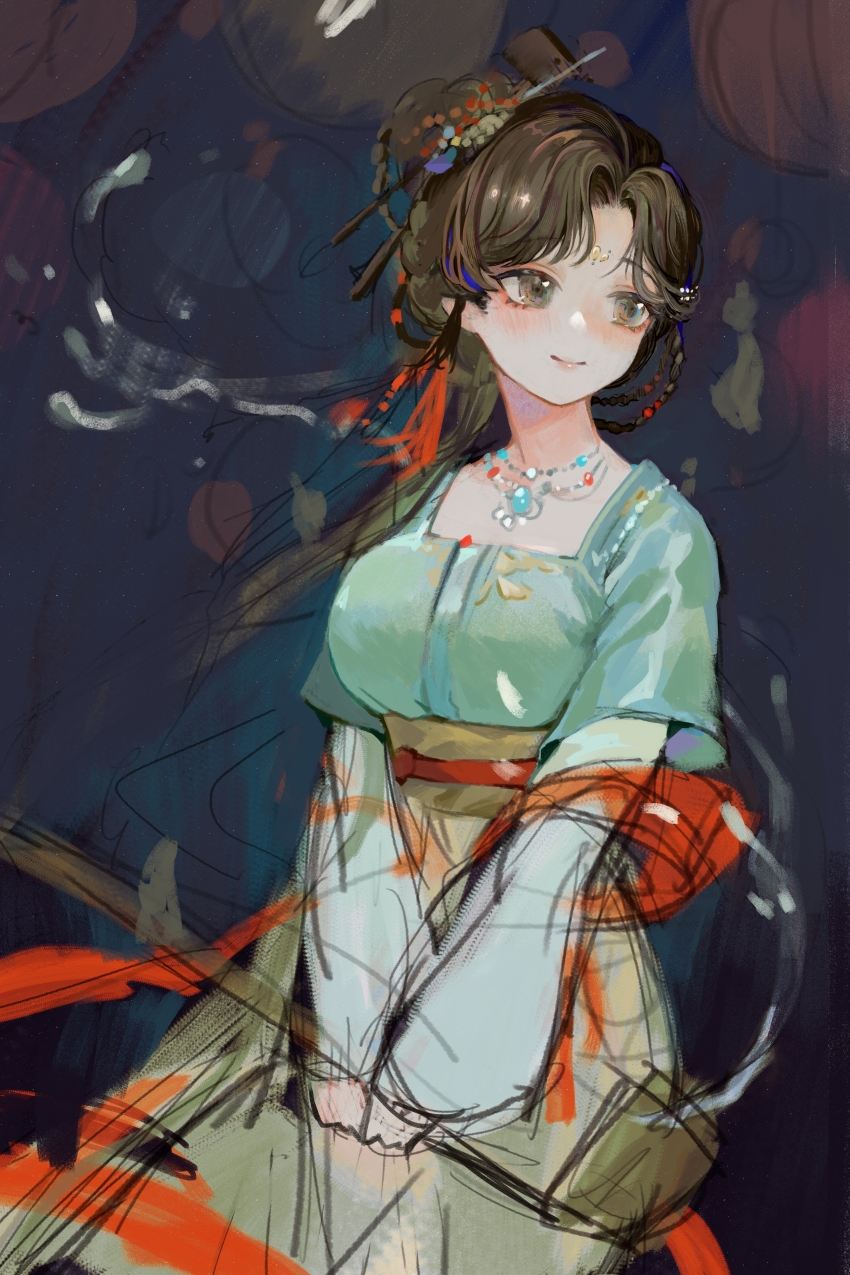 1girl absurdres black_eyes black_hair chinese_hairpin closed_mouth dark_background dipper facial_mark forehead_mark green_shirt hair_bun hair_ornament highres holding holding_spoon huadian jewelry jiu_niangzi layered_sleeves long_hair long_skirt long_sleeves looking_to_the_side miaowa_lilizi necklace parted_bangs red_shawl reverse:1999 shawl shirt short_over_long_sleeves short_sleeves single_side_bun sketch skirt smile solo spoon tassel tassel_hair_ornament unfinished upper_body white_sleeves yellow_skirt