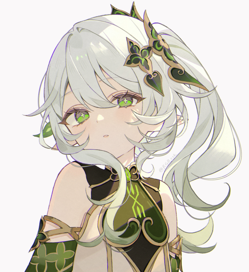1girl detached_sleeves dress eyelashes gem genshin_impact gradient_hair green_eyes green_gemstone green_hair green_sleeves hair_between_eyes hair_intakes hair_ornament high_side_ponytail highres leaf_hair_ornament light_blush long_hair looking_at_viewer multicolored_hair nahida_(genshin_impact) parted_lips pointy_ears ponytail satsuki_(miicat) side_ponytail sidelocks simple_background solo upper_body white_background white_dress white_hair