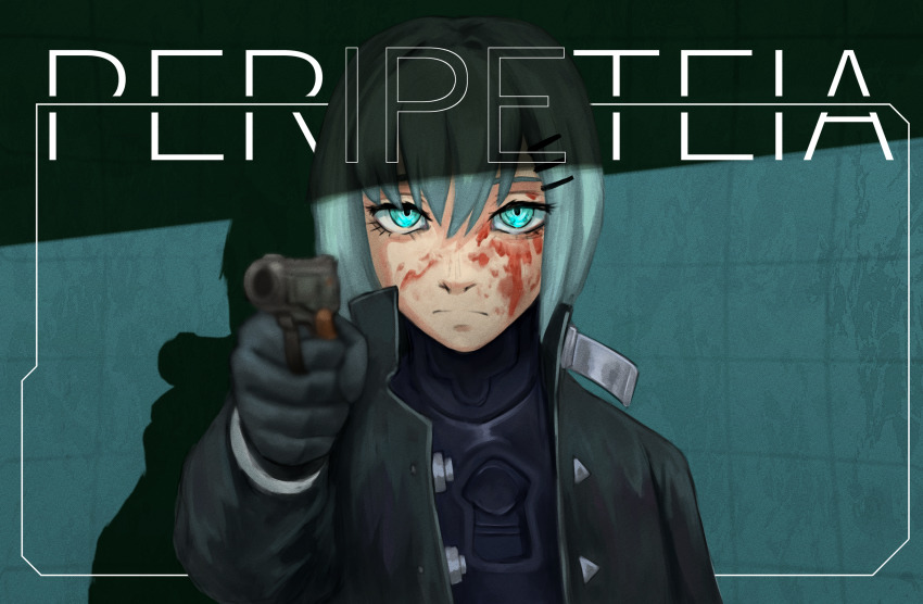 1girl aiming aqua_background aqua_eyes aqua_hair aqua_theme black_bodysuit black_coat black_gloves blood blood_on_face blurry blurry_foreground bodysuit bodysuit_under_clothes border buttons coat copyright_name depth_of_field film_grain foreground_text frown gloves gun hand_up handgun highres holding holding_gun holding_weapon inset_border looking_ahead magnemagne makarov_pm marie_(peripeteia) nose_shade open_clothes open_coat outside_border peripeteia popped_collar sanpaku shade shadow short_hair solo tile_wall tiles trench_coat triangle_button upper_body weapon white_border